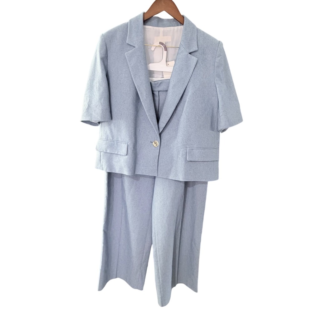 Zara Women XL Light Blue Cotton Blend Short Sleeve Blazer Wide Leg Pant Suit Set